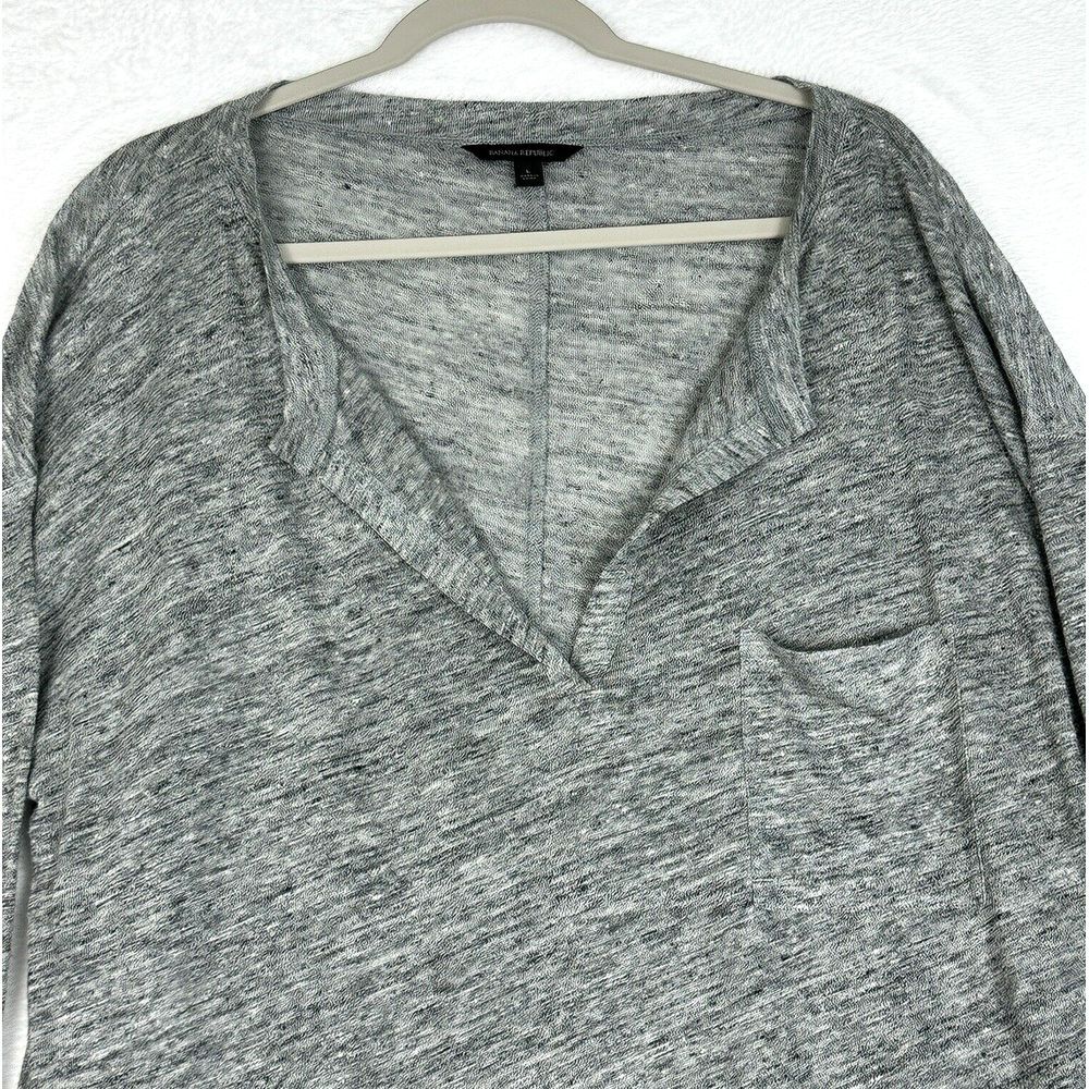 Banana Republic V Neck Linen Pullover Top Womens Large Grey Long Sleeve Pocket - Picture 3 of 12